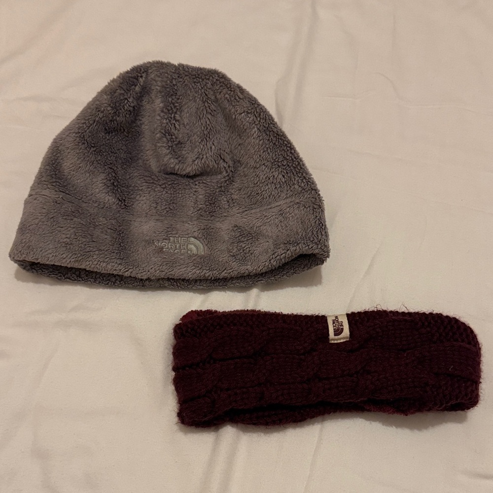 The North Face Gray Fleece Beanie with Burgundy Knit Headband UNISEX